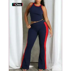 Women's Summer Patchwork Sleeveless Vest Top + Long Pants Two-Piece Set, Casual Fashion, Comfortable and Stylish, Perfect for Daily Wear
