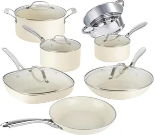 Gotham Steel 12Pc Pots and Pans Set Non Stick, Ceramic Cookware Set, Nonstick, Nontoxic, Oven & Dishwasher Safe, Stay Cool Handles Ceramic Cookware Set, No Forever Chemicals, Cream