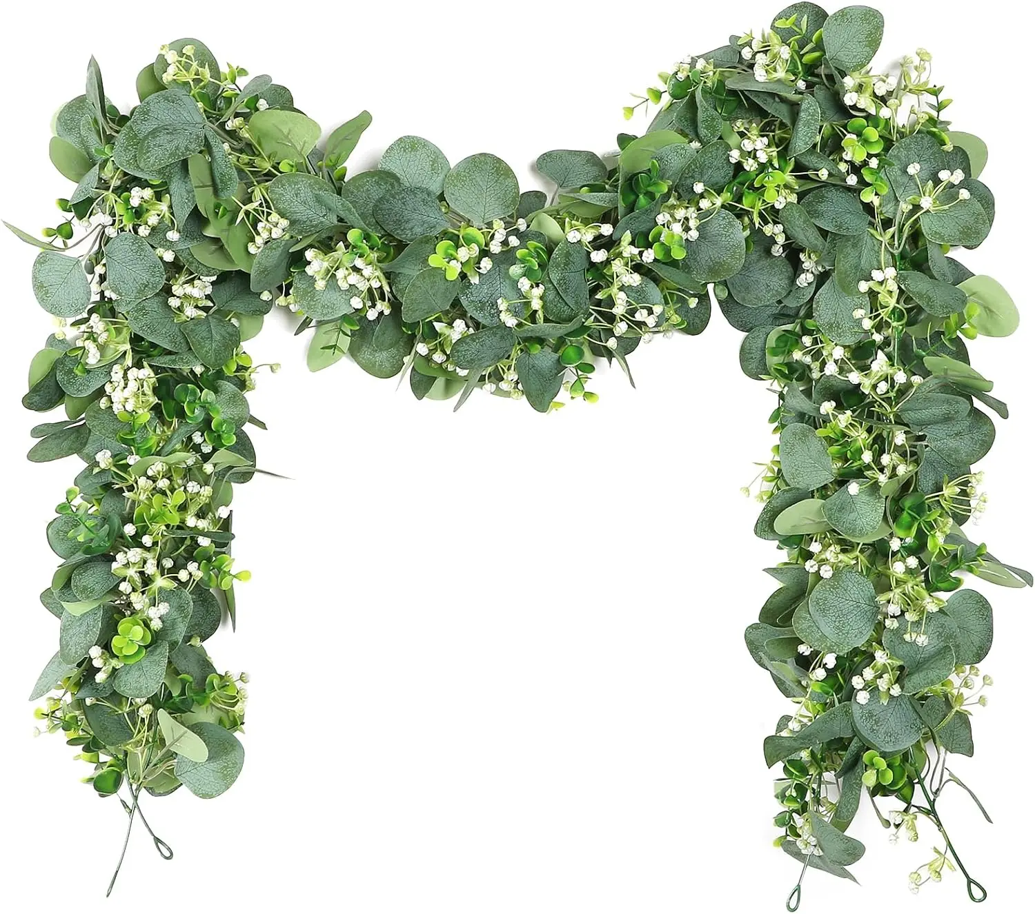4-Packs Artificial Eucalyptus Leaf Garland with White Silk Flowers, 5.9Ft Faux Greenery Vines - Art Deco, Romantic Decor for Wedding Backdrop, Hand Accents, Wall & Mantle Centerpieces (Garlands & Swags Compatible)