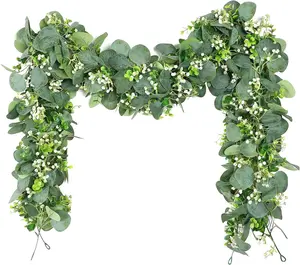 Eucalyptus Garland with White Flowers 4Pack: 5.9Ft Artificial Faux Greenery Vines for Valentine's Day Table Runner Wedding Bedroom Mantle Centerpieces Backdrop Decorations