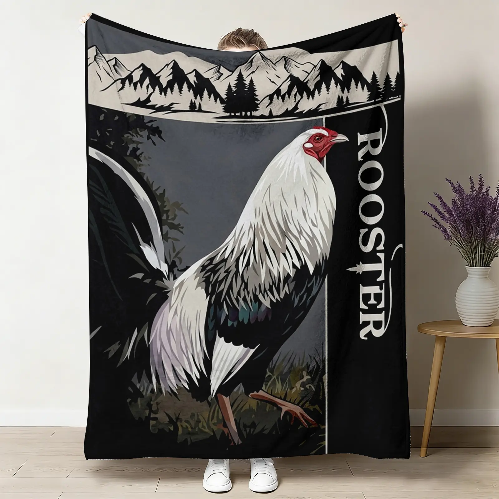 Vintage Rooster Flannel Throw Blanket, Western Farmhouse Decor Soft Cozy Warm Blanket, Rustic Rooster Art Illustration, Gift for Outdoor Lovers Men Dad, Couch Bed Office Nap Travel Camping Blanket, Wall Hanging Home Decor, Fall Decor ﻿ ﻿ holiday