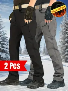 2pcs Set Men's Heavy-Duty -Lined Winter Pants - Thickened Windproof Tactical Work Trousers with 10+ Pockets, Straight-Leg Fit for Hunting, Camping, Hiking & Outdoor Gear - Cold-Resistant Multi-Pocket Pants (Machine Washable) Workwear Plain SpringStatement