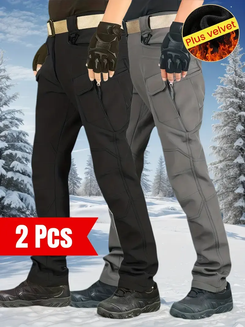 2pcs Set Men's Heavy-Duty -Lined Winter Pants - Thickened Windproof Tactical Work Trousers with 10+ Pockets, Straight-Leg Fit for Hunting, Camping, Hiking & Outdoor Gear - Cold-Resistant Multi-Pocket Pants (Machine Washable) Workwear Plain SpringStatement