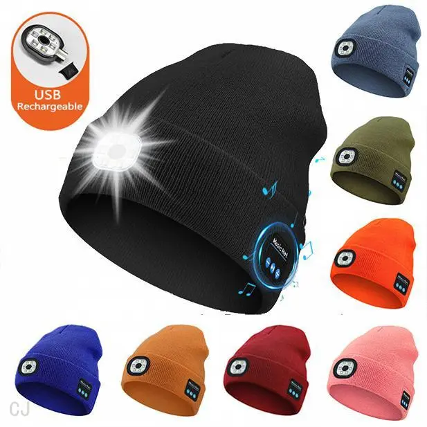 LED Hat Bluetooth Lighted Beanie, Unisex USB Rechargeable 6 LED Headlamp, Warm Balaclava Super Soft Acrylic Blend, Suitable for All Seasons, Unisex, Fashion Hat, Stuffed Gift Outdoor Hat