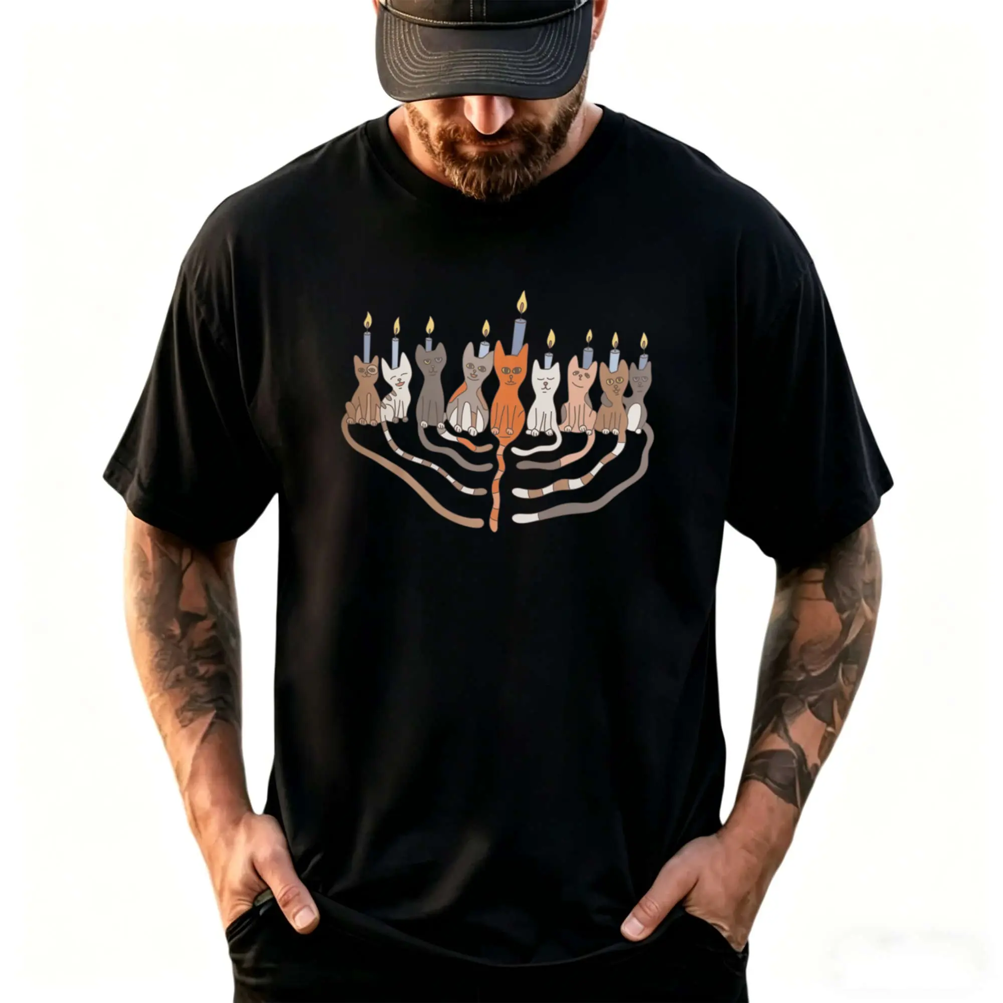 Men'S Funny Hanukkah Cat Menorah T-Shirt, 100%, Regular Fit, Stretchy, Round Neck, Printed, for Men, Seasonal Festive Wear.For Men 2026 Summer Short-Sleeved Printed T-Shirt