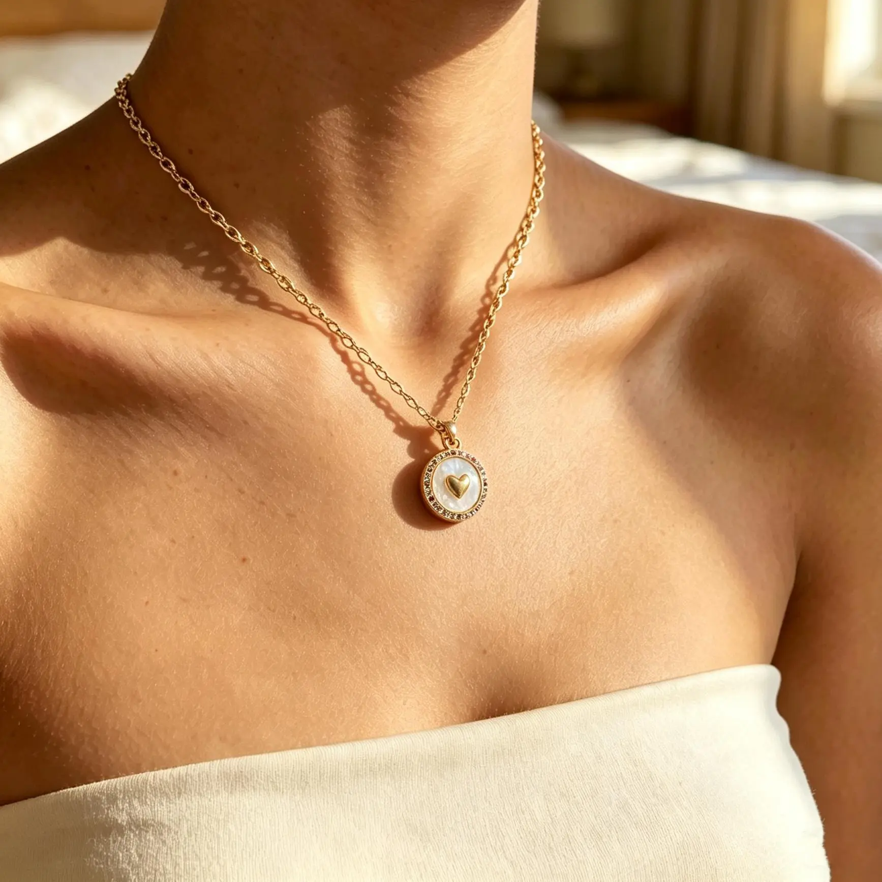 Women's Pendant Necklace 14K Gold Rainbow Diamond Round Dainty Charm Jewelry with Pavé-Set Colorful Stone Frame and Gold Love Heart Shell Pearl Base