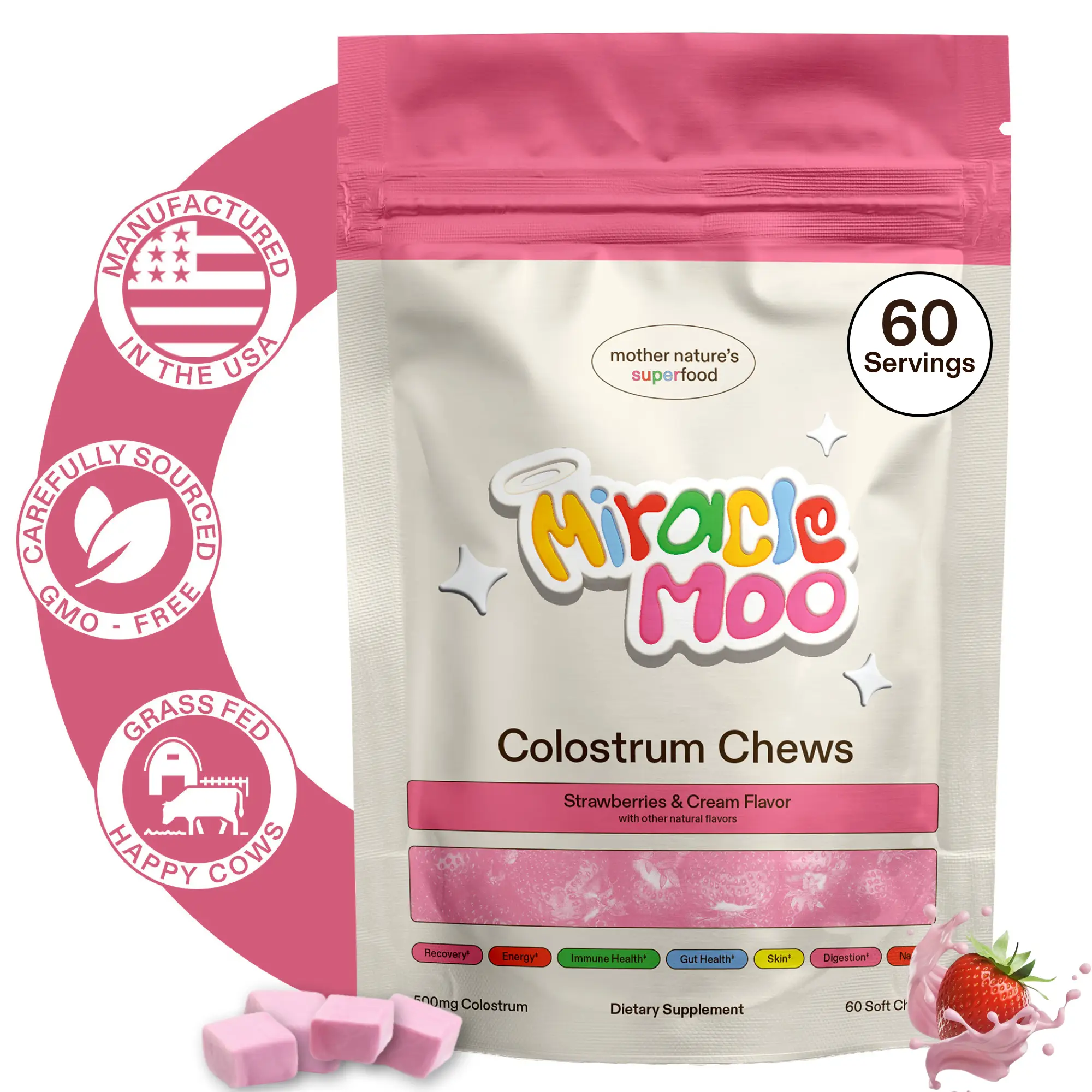 Miracle Moo Colostrum Chews | Strawberry & Cream Flavor | Dietary Supplement for Boosting Health Natural Healthcare colostrum