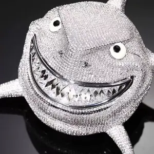 M2-2166 Big Grinning Shark Pendant Fully Flooded Sparkling Ocean Creature Statement Necklace for Rappers Trendsetters Bold Accessory