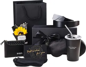 Father's Day Gift luxury gift set, specially designed for men, includes 9 items. The black premium gift box contains a thermos, leather wallet, belt, sunglasses, socks, floral soap, and a gift card.