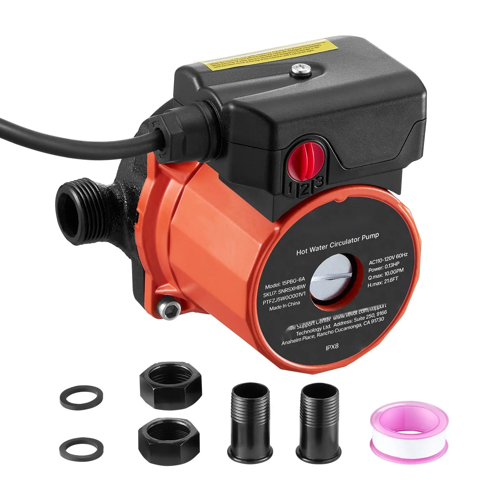 Hot Water Recirculating Pump With 10 GPM Flow, Instant Circulation Circulator System, 3-Speed Control, 0.13 HP, 110-120V, NPT 3/4 In To NPT 1/2 In Adapter, Cast Iron Head, For Water Heater And Home Plumbing