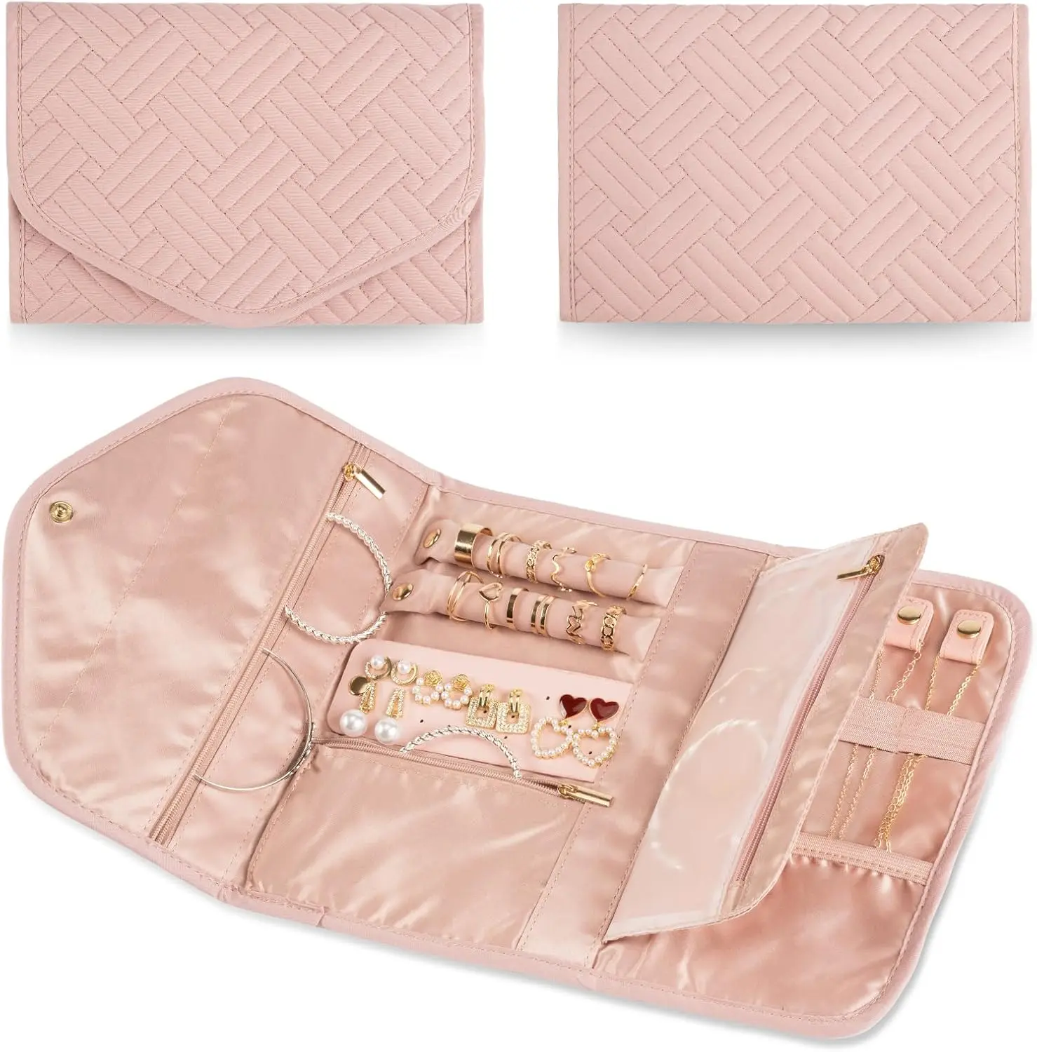 Travel  Organizer Bag Anti-Tangle Foldable Small  Roll Travel Case Accessory for Necklaces, Earrings, Rings, Bracelets, Watches, Pink