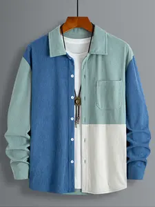 Men's Blue Corduroy Button-Down Shirt, Button Up Shirt, Trendy Color Block Shirts Design, Casual Button Front Collared Street Style Long Sleeve Top for Fall & Winter