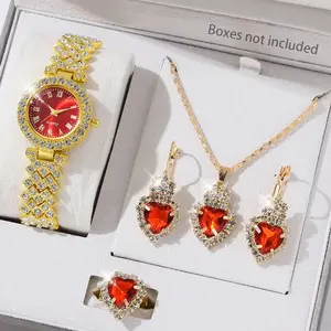 5Pcs Golden Luxury Watch Women Ring Necklace Earring Rhinestone Fashion Wristwatch Red Dial Casual Ladies Watches Jewelry Set