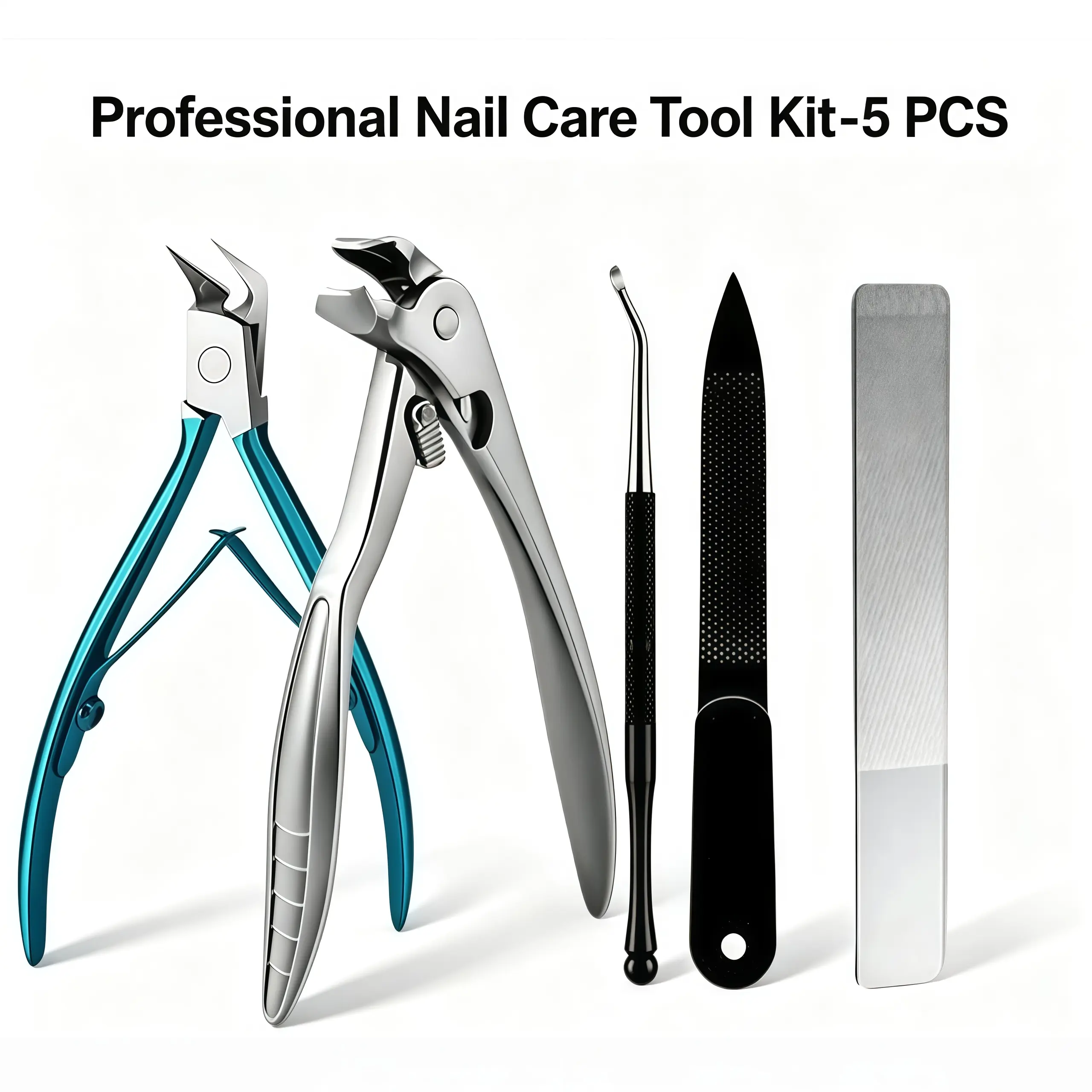 5PCS Stainless Steel Ingrown Toenail Tool Set - Heavy-Duty Wide-Jaw Clipper, Cuticle Trimmer, Files - Professional Pedicure Nail Supplies for Thick Nails, Ingrown Toenail Remover Kit, In Grown Toe Nail Remover