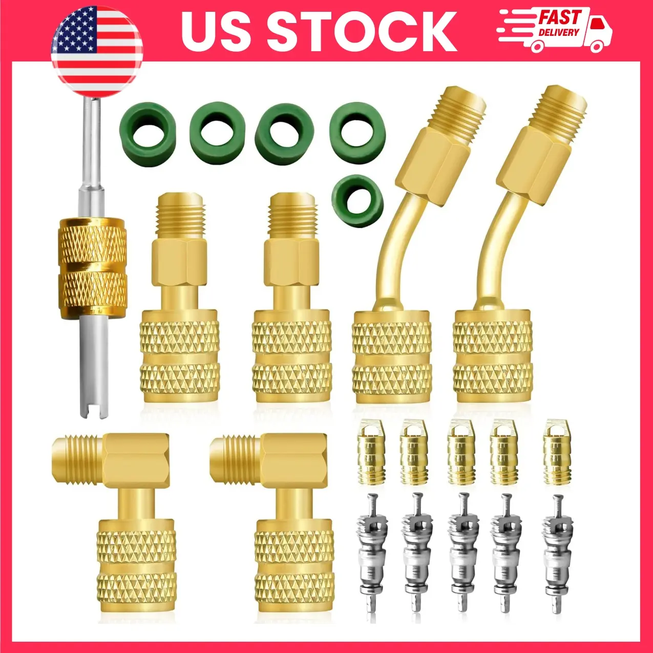 R410A Adapter Kit, Mini Split Adapter 5/16" to 1/4" SAE HVAC Coupler Set with Straight, 45° & 90° Adapters, Valve Core Remover, Vacuum Pump Charging Hose Connector for R410A Mini Split Air Conditioners | mini split vacuum kit, sae adapter, ac service tool