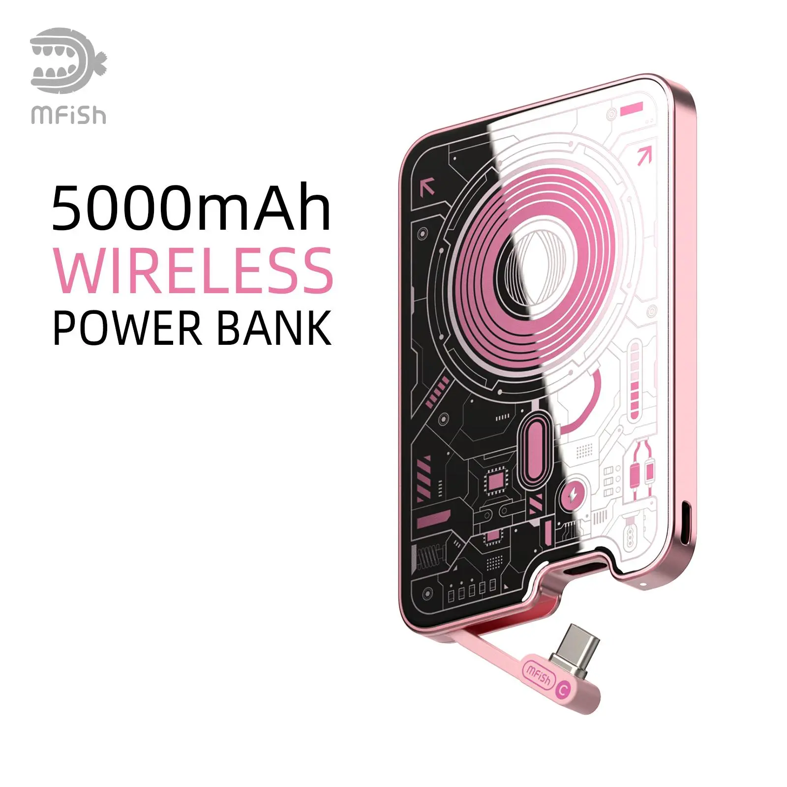 mfish E-Monster Magic Mirror 5000mAh Ultra-Thin Magnetic Wireless Power Bank with Makeup Mirror, 20W USB-C Fast Charging, MagSafe Compatible for iPhone 12-17