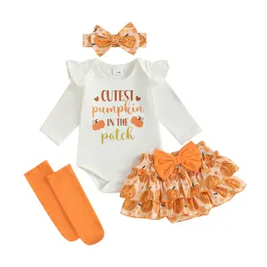 My First Halloween Baby Girl Outfit Pumpkin Ghost Ruffle Long Sleeve Romper Bodysuit Skirt Shorts Set Socks Headband