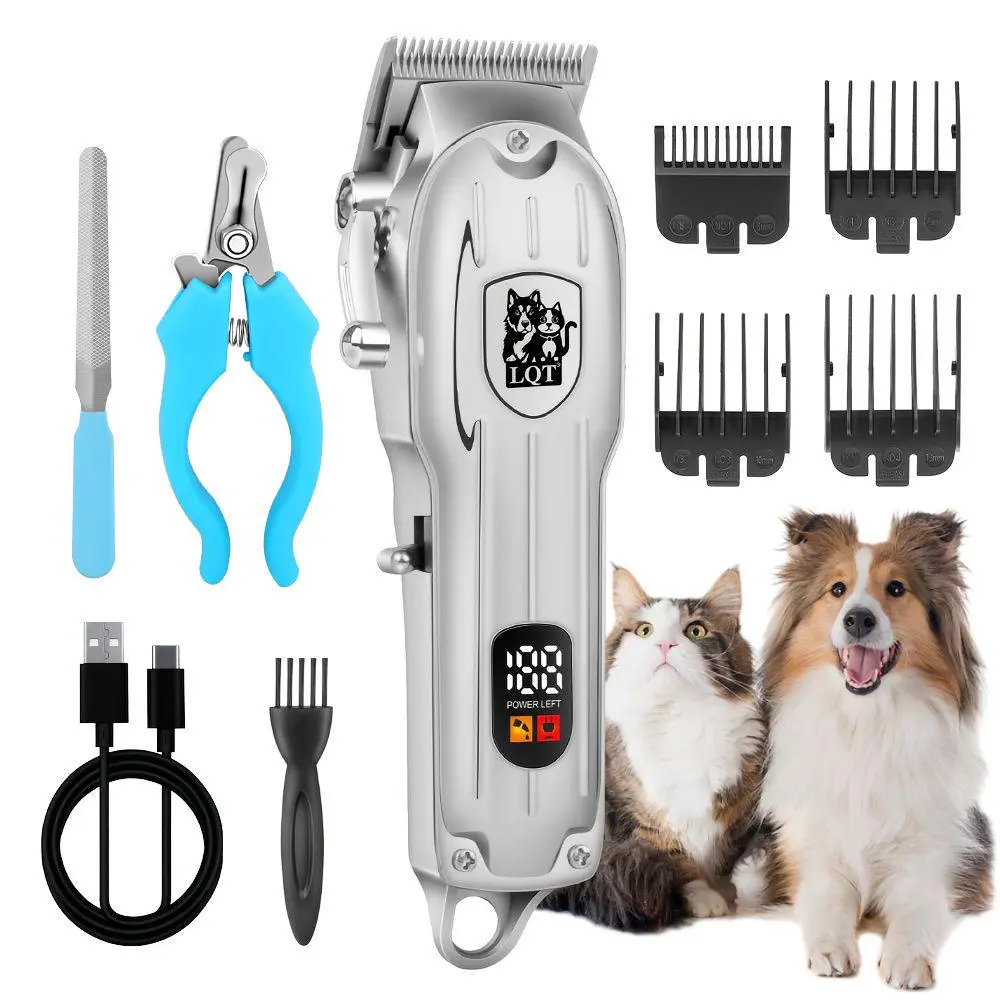 LQT Silver Metal Pet Grooming Clipper Kit, USB Rechargeable Low Noise Dog & Cat Hair Trimmer with LCD Display, Full Set with Nail Clippers & Multiple Guide Combs