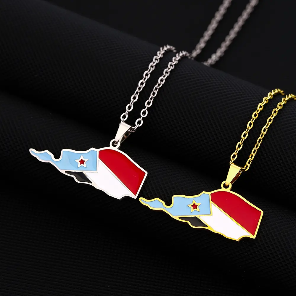 Unisex Stainless Steel South Yemen Map Flag Pendant Necklace - Ethnic, Casual Style Jewelry Accessory for Adults, Auspicious Birthday Gift, Casual Style Necklaces, Heart, Metal Coating, Perfect Present For Mother's Day