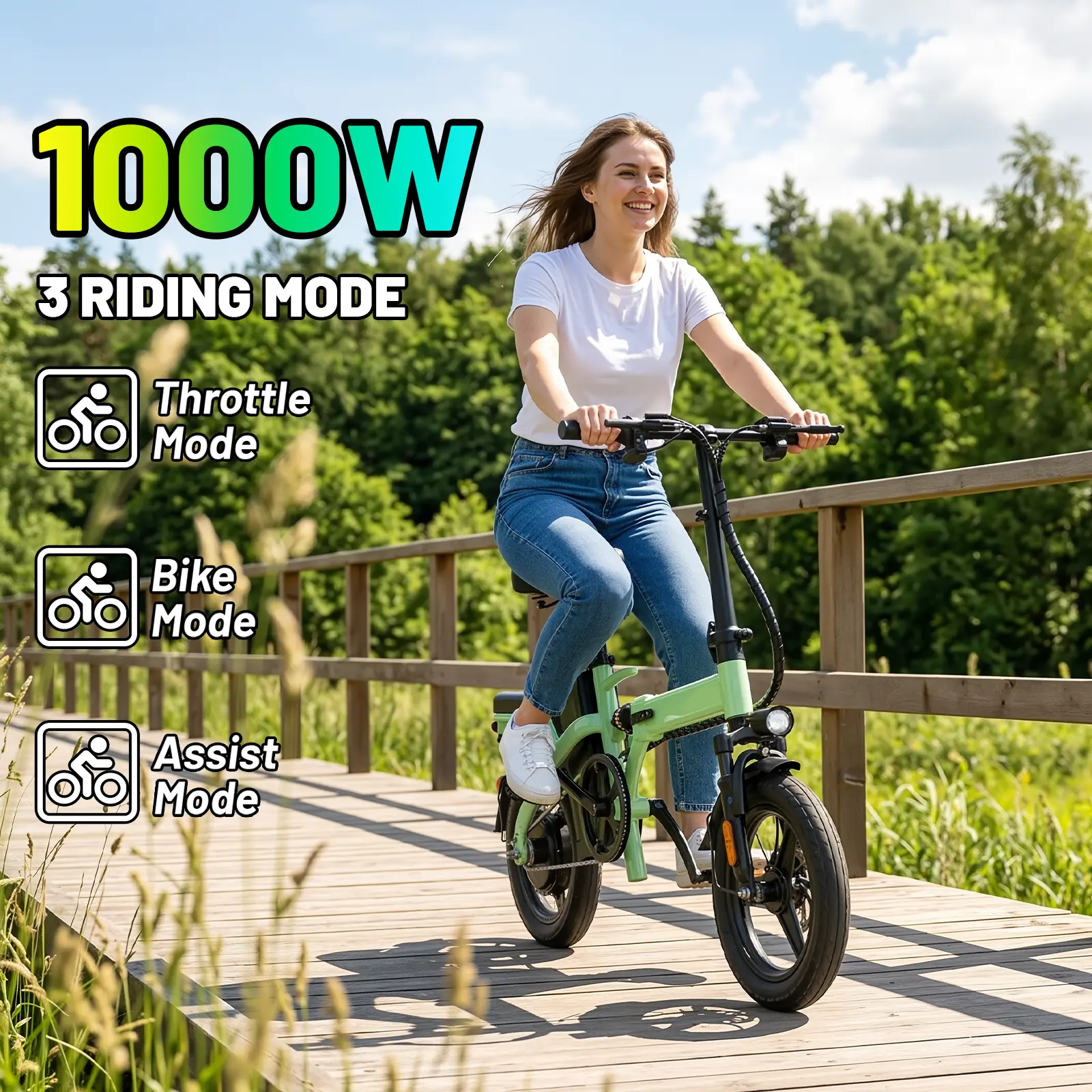 [ASKMY]14" Folding Electric Compact Bike 1000W Powerful Motor 45 Miles Range Lightweight E-Bike Dual Disc Brakes UL Battery Portable City Bike | Safe for teenagers and supports carrying passengers for daily urban use