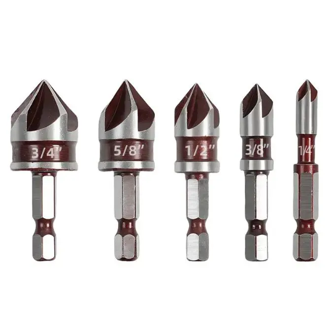 5PCS Industrial Grade High-Carbon Steel Countersink Drill Bit Set – Precision Ground Rust-Resistant Coating, Multiple Sizes for Wood, Plastic & Metal Drilling, Ideal for Professional & DIY Projects, Durable Sharp Bits, Essential Workshop Accessory