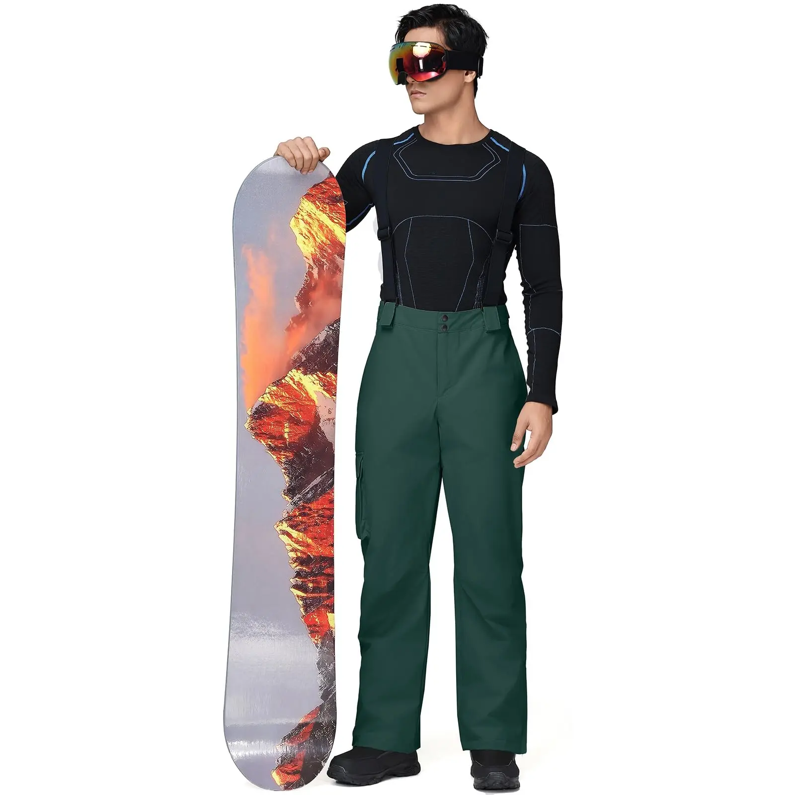 YEEFINE Men's Ski Snow Cargo Pants Insulated Waterproof Warm Winter Sports Snowboard Bibs with Suspenders & Detachable Straps