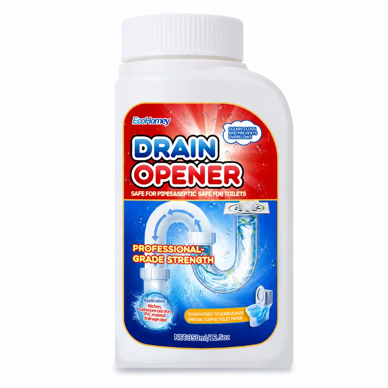 EcoHomey Drain Opener Powder, Fast-Acting Drain Cleaner for Kitchen Sink, Bathroom Drain, Toilet, Bathtub & Floor Drain, Helps Clear Hair, Grease & Soap Scum Clogs