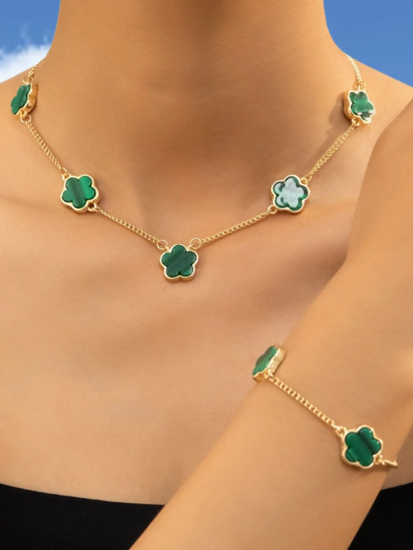 Vintage Malachite Necklace Bracelet Set, Elegant Women's Daily Wear Jewelry, Perfect Gift for Holidays, Evening Parties