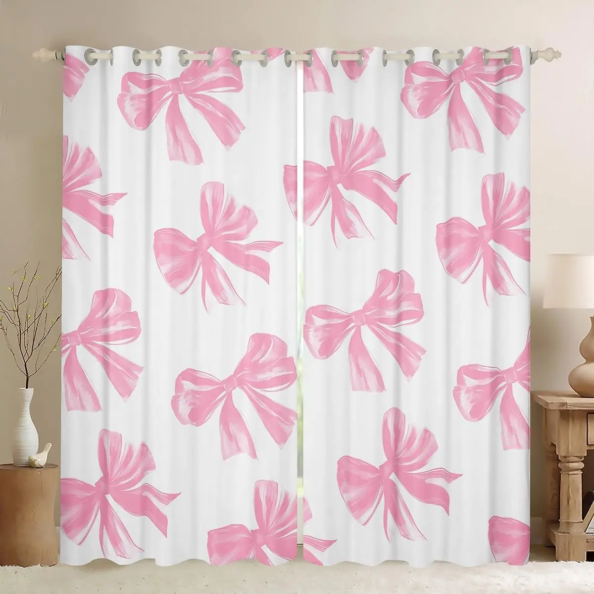Feelyou Pink White Printed Velvet Blackout Curtains - 2 Panels Privacy Grommet Drapes, Multi-Size Kawaii Bowknot Window Treatments for Women’s Bedroom Home Textile Decoration, Privacy Grommet Curtains, Curtains For Bedroom