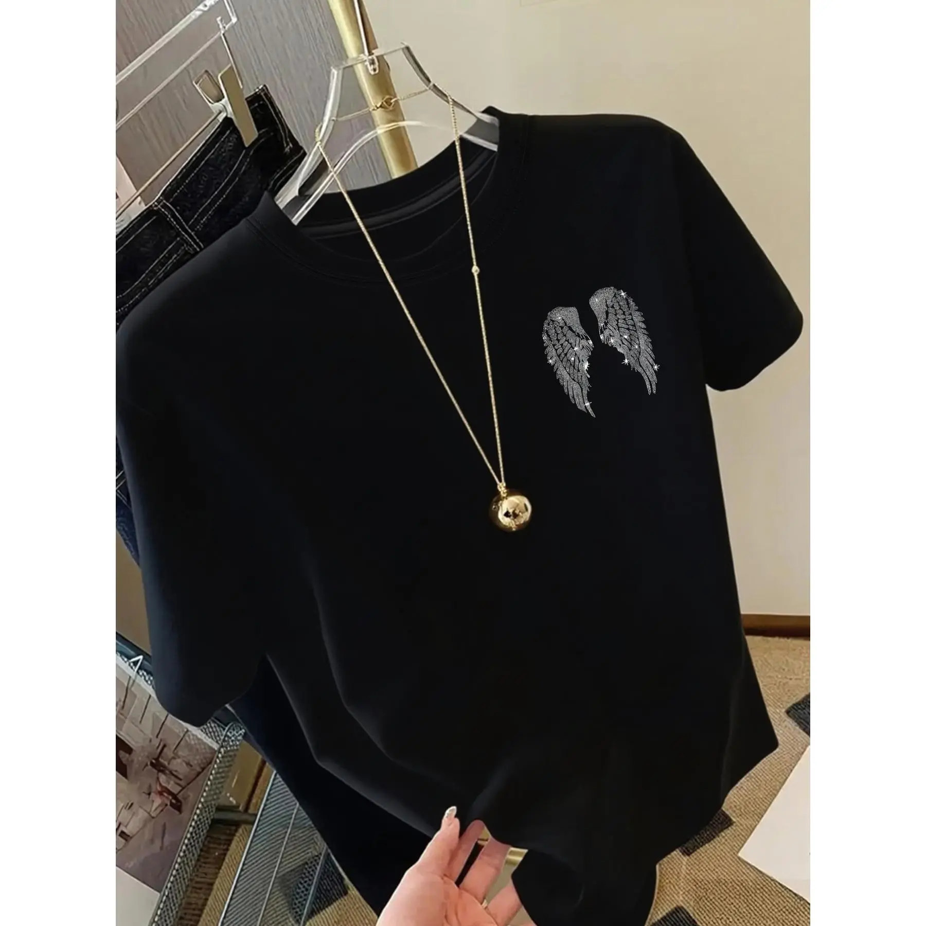 Women's Short-Sleeve Round Neck T-Shirt - Lady's Casual Streetwear with Angel Wings and Sparkling Diamond Print, Spring-Summer Fashion Top