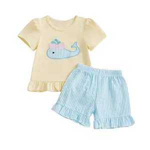 Toddler Girl Summer Outfits Whale Embroidered Short Sleeve Round Neck T-Shirt and Plaid Print Ruffled Shorts 2 Pcs Set