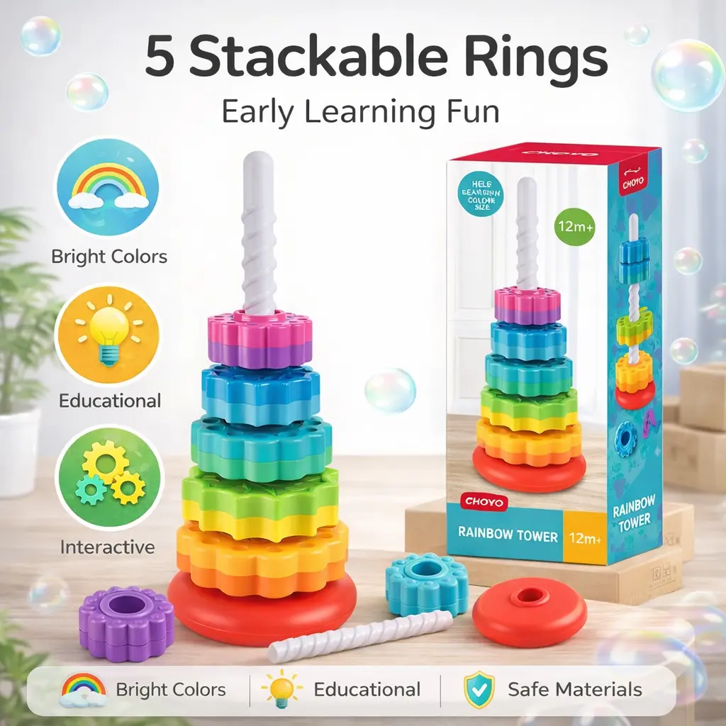SMYLX Rainbow Tower with 5 Spinning Gear-Shaped Rings - Stackable Sensory Toy for Learning and Children Development
