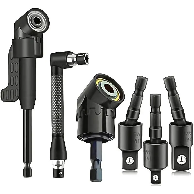 Right-Angle Drill Bit Accessory Set(6pcs), Drill Attachment, Including 3x 360° Rotatable 1/4", 3/8" & 1/2" Impact-Grade Socket Adapters, 2x 105° Hex Shank Angle Adapters & 90° Right-Angle Drill Bit, Heavy-Duty Tool Kit