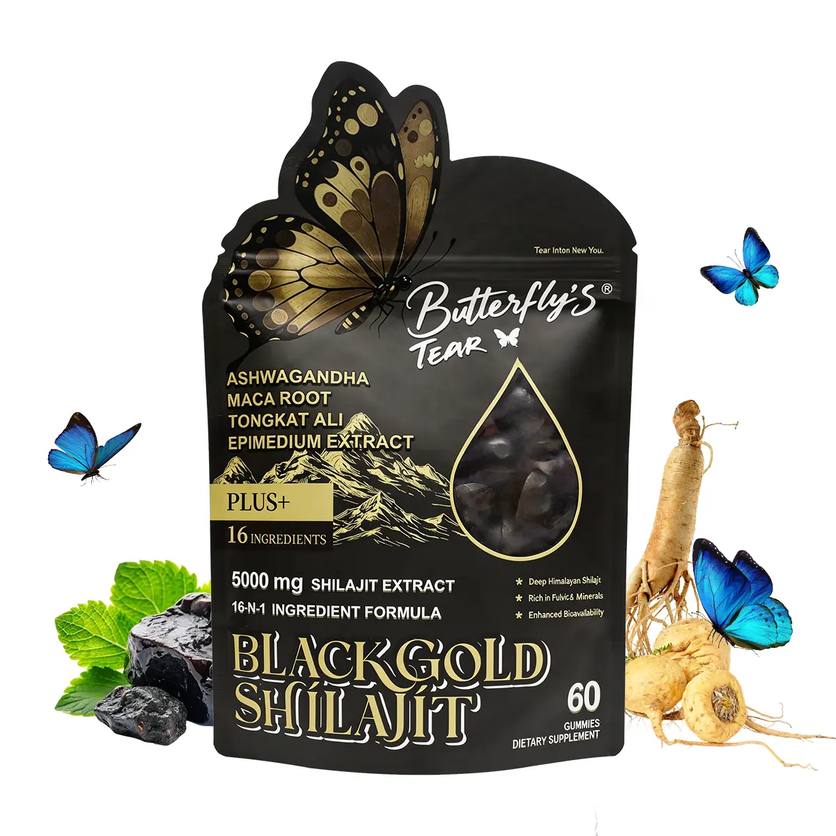 Butterfly's Tear Black Gold Shilajit Gummies 5000mg - 16-in-1 Advanced Formula with Ashwagandha, Maca Root, Tongkat Ali & Ginseng - Natural Energy, Stamina, Mood & Physical Performance Support - Sugar-Free, Non-GMO - 60 Gummies (30 Servings)