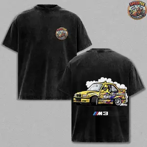BMW M3 E36 Drift Graphic Tee | Cartoon Euro Car Oversized Acid Wash T-Shirt | Retro Y2K Heavy Cotton Racing Shirt | Bimmer Enthusiast Streetwear for Men & Car Guys