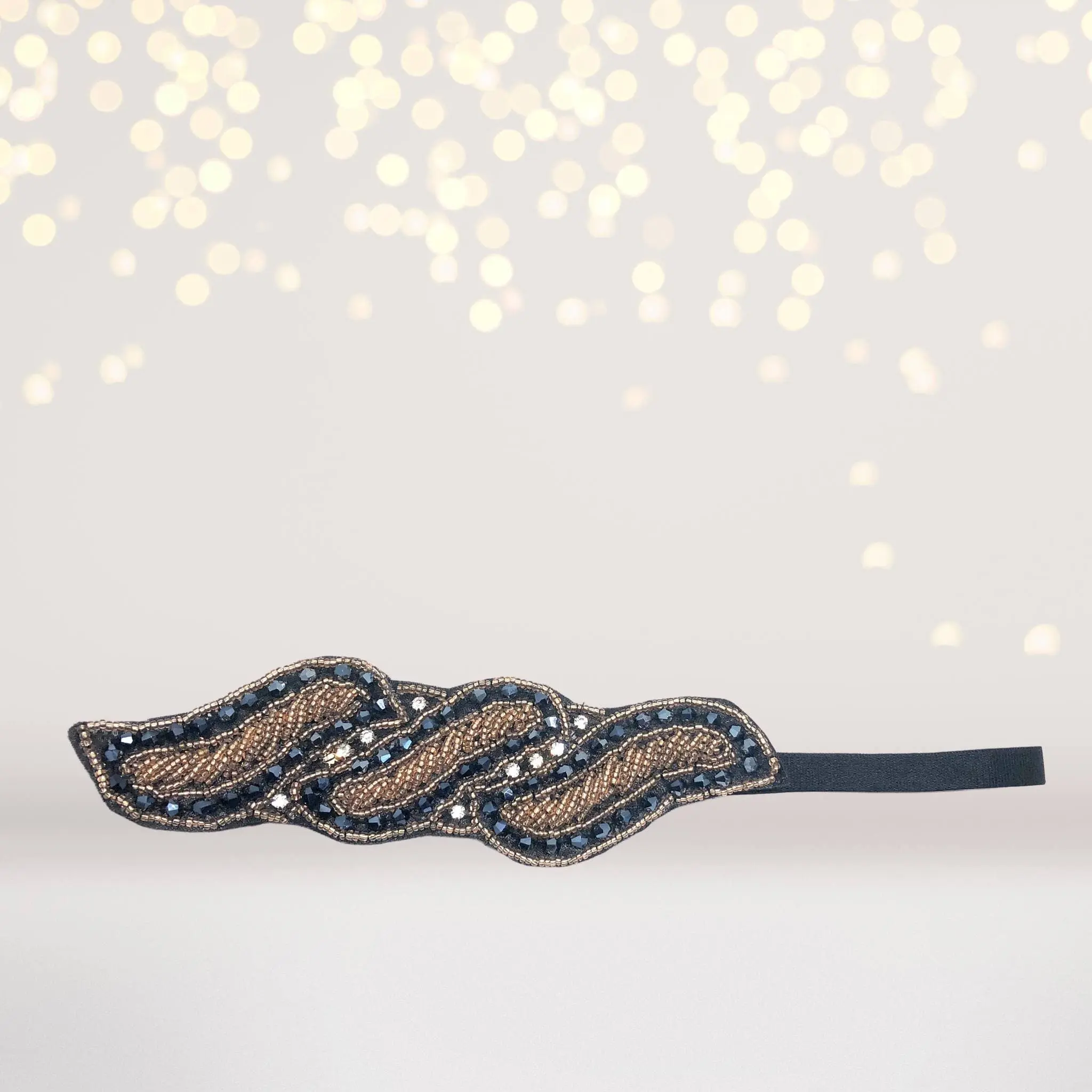 Women's Gatsby Beaded Headband - Elastic Black & Gold Leaf Hair Accessory, 20s Flapper Costume, 2 Inches, Gold Beadwork, Polyester Synthetic, One-Size-Fits-All for Holiday Parties