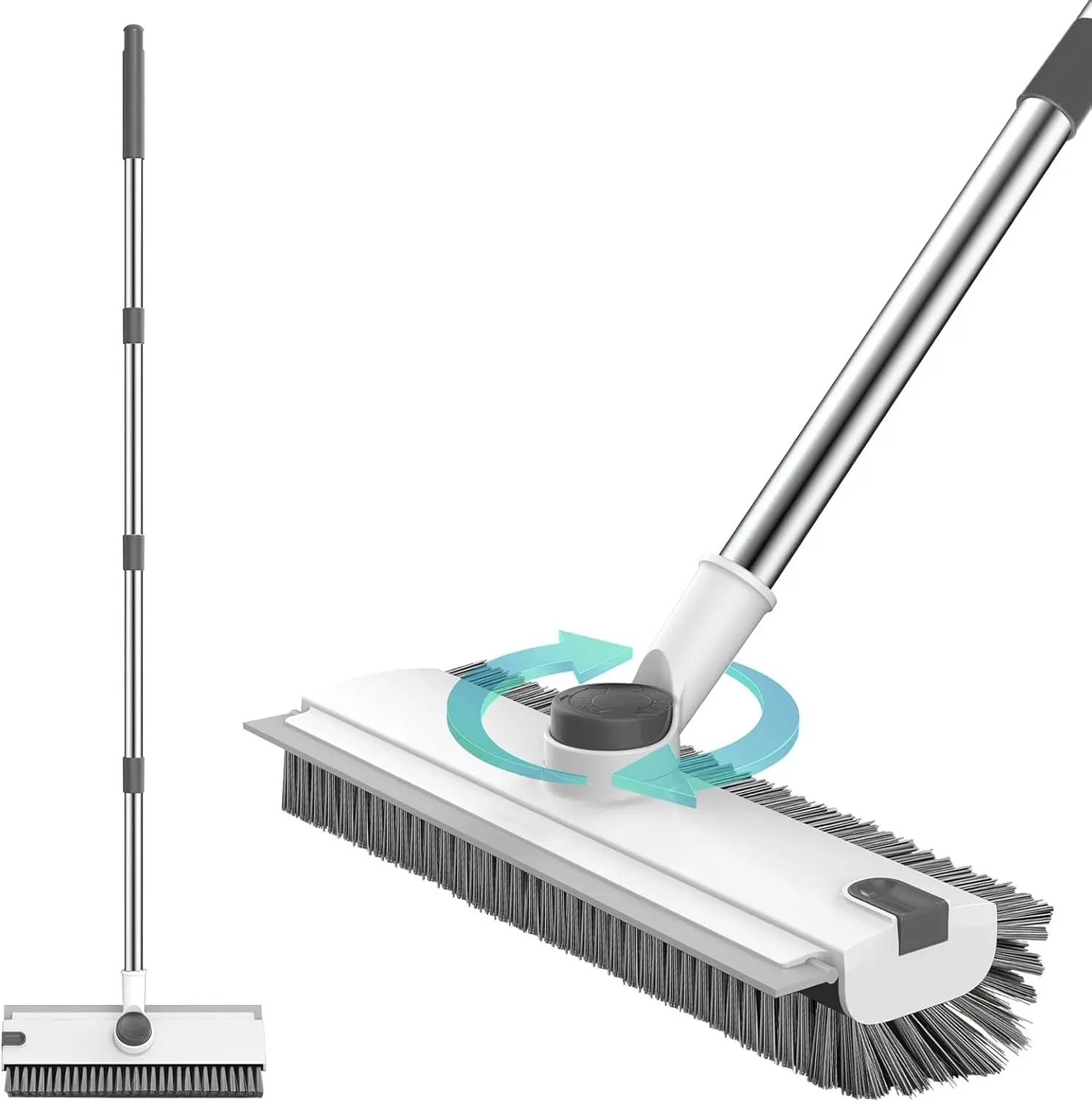 Floor Scrub Brush, 3 in 1 Floor Scrub Brush with 54-in Adjustable Long Handle and Scraper Heavy Duty Stiff Bristle Floor Scrubber for Cleaning Shower Bathroom Kitchen Patio Garage, Grey&White