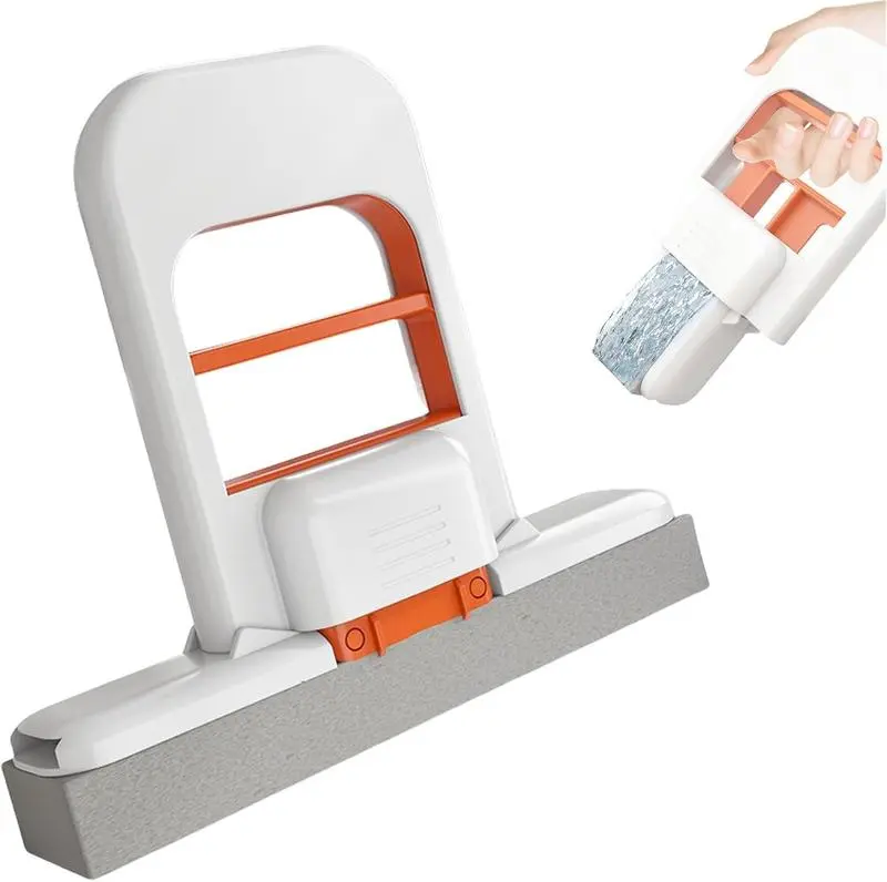Folding Mini Mop with 1 Count Handle + 2 Count Sponge Heads, Adjustable Compact Water Absorbent Mop for Wet/Dry Cleaning, No-Wash Home Care Cleaning Supply