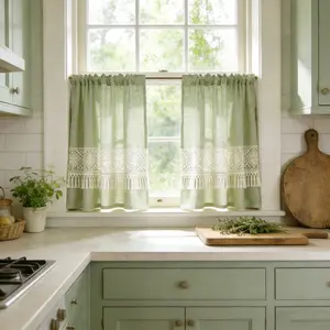 Green Boho Crochet Lace Sheer Valances for Window Kitchen Spring Vintage Macrame Valances with Tassels for Dining Room Living Room Farmhouse Rustic Crochet Curtain Valance Rod Pocket 1 Panel