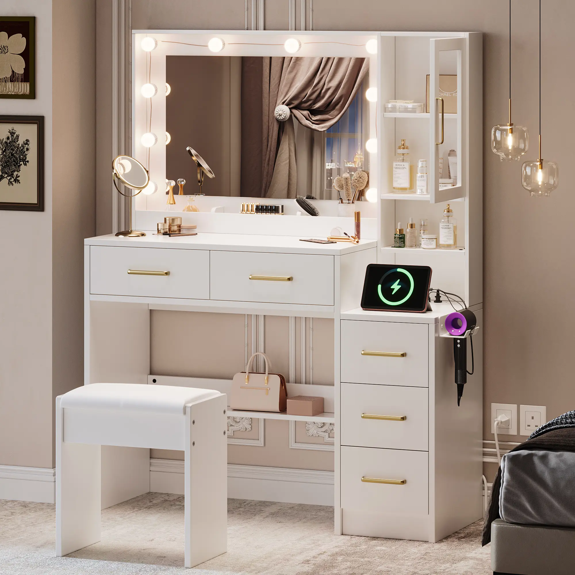 TOKSOM 35.44" White LED Makeup Vanity Desk - Contemporary Drawer-Style Vanity with Replaceable Lights, Charging Station, 5 Drawers, 1 Dust-Proof Cabinet, Open Shelves - Teen Girl Gifts, Bedroom Indoor Furniture,dorm essentials,home decor
