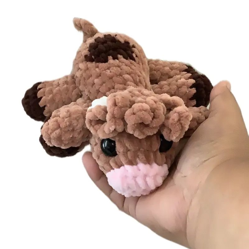 Handmade Highland Cow - Crocheted Plushy Soft Brown Cow Stuffed Animal - 7 Inches Long with Big Eyes & Chocolate Backspot - Perfect Gift for Cuddling