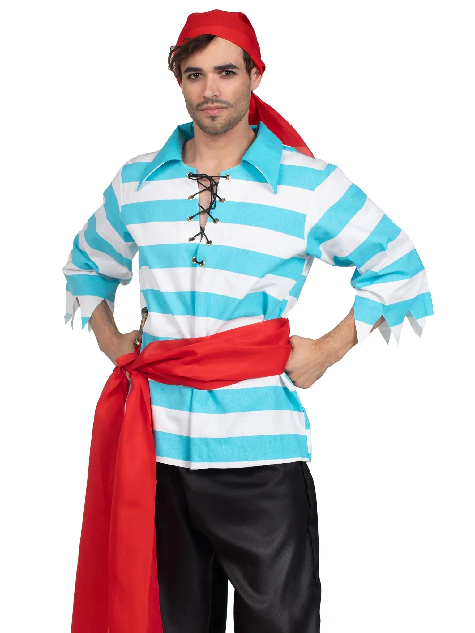 Leg Avenue Men's 4-PC Pillaging Pirate Costume Set - Relaxed Fit Casual Menswear, Classic Striped Shirt, Tattered Pants, Waist Sash, Head Scarf, Cosplay Gear for Halloween, Trick Or Treat, Hand Wash, No Bleach, Drip Dry, Clothes