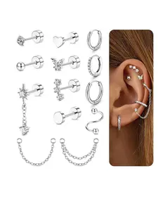 Women's Cartilage Earrings - Butterfly Flatback Spiral Conch Tragus Piercing Jewelry Single DIY Chain Design Zirconia Chain Earrings Stainless Steel Stud Hoop Stackable Set Ear Studs Flat Pierced Jewelry Earring Stacking Set