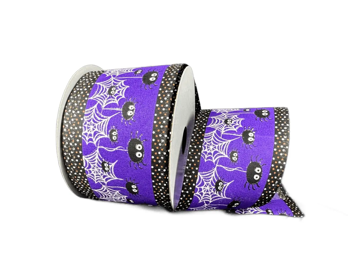 2.5" Purple Satin Ribbon with Hanging Spiders & Dotted Edge – 10 Yard Roll