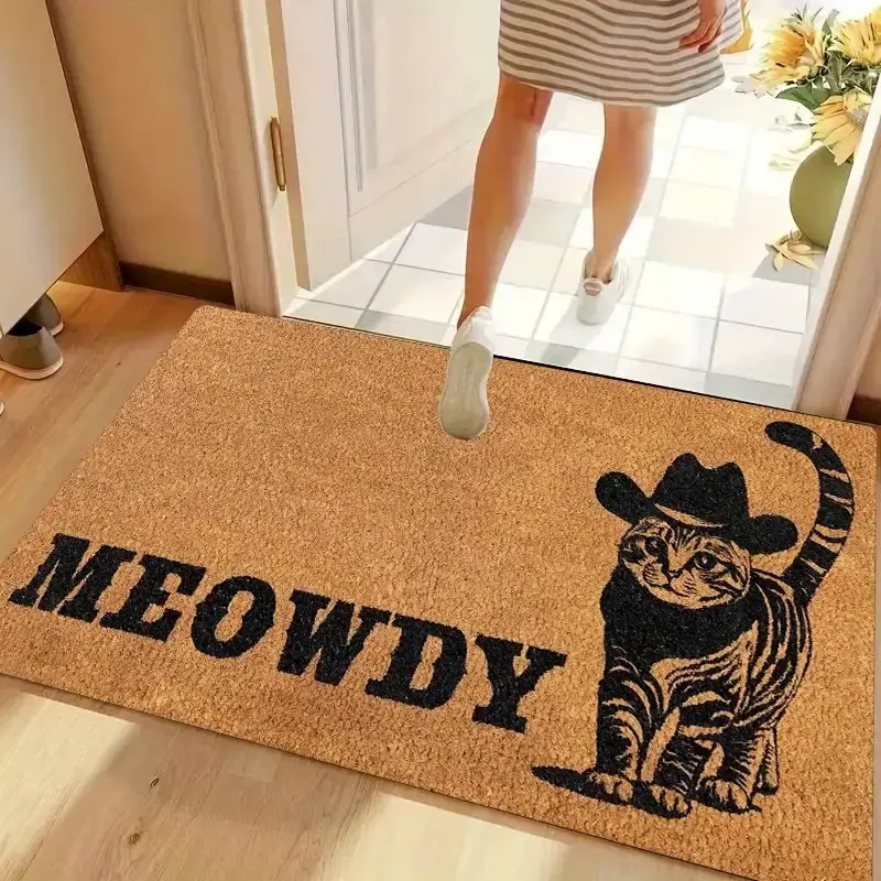 Summerwins Funny Cat Theme Doormat - Cartoon Pattern Rug with Cowboy Cat & MEOWDY Animals Design, Durable PVC Base, Wrinkle-Resistant, Fade-Resistant, Washable, Long-Lasting, Bathroom Ready, Indoor-Outdoor Fits Many Areas, Funky Home Decor