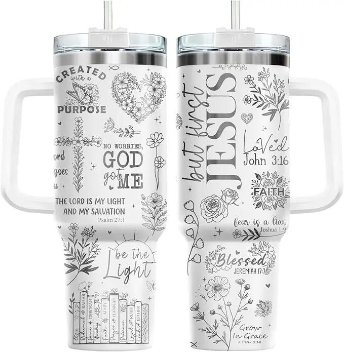 Christian Faith 40oz Tumbler with Handle and Straw, Jesus Bible Verse Travel Cup, Created with Purpose Floral Scripture Design, John 3:16 Psalm 27:1 Jeremiah 17:7 Gift, Insulated Stainless Steel Mug, Religious Drinkware