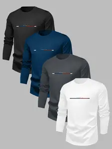Men's Letter & Striped Print Round Neck Sweatshirt, Loose Casual Long Sleeve Pullover for Fall & Winter, Men's Clothes for Daily Wear