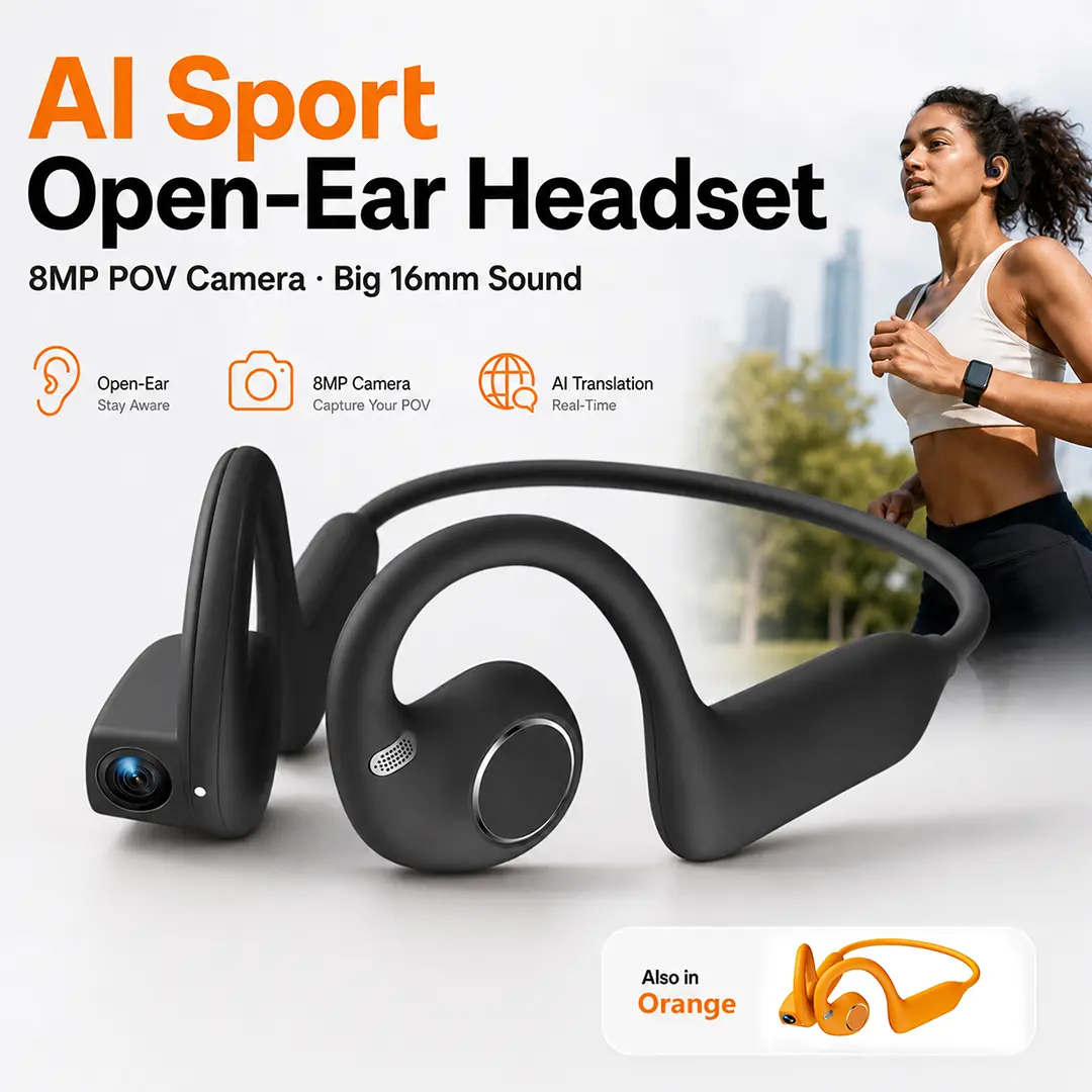 AI Camera Earbuds - Open Ear Headphones with Air Conduction Audio, Hands-Free Photo Video Recording, Hands-Free Call, 160+ Language Translator, Bluetooth Connection, Lithium Battery, Charging Station, Compatible with iOS & Android, On Ear