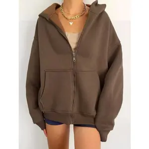 Women's Oversized Hoodies Solid Long Sleeve Zip Up Loose Hooded Sweatshirt with Pockets Casual Streetwear Fashion Outerwear