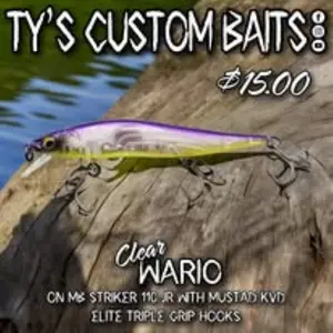 TY's Custom Baits Clear Wario on MB Striker 110 Jr with Mustad KVD Elite Triple Grip Hooks